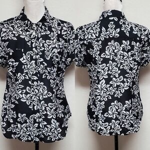 Retro Y2K Michael Michael Kors Black White Silk Blend Hibiscus Button Up Shirt